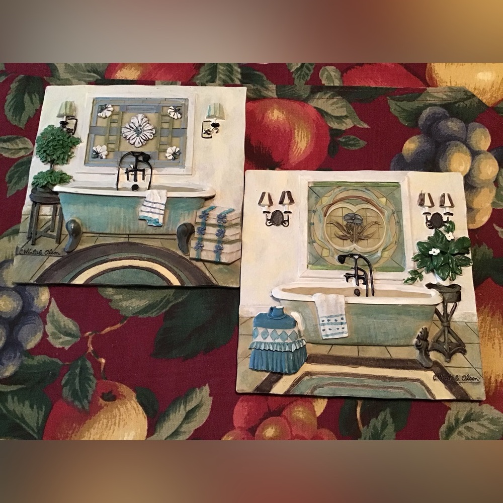C WINTERLE OLSON LOT OF 2 CERAMIC BATHROOM MOTIF TILES DECOR EUC SIGNED